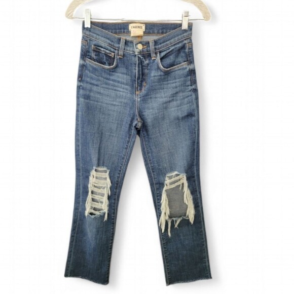 L'AGENCE Woman's Jordan High Rise Crop Straight Distressed Jeans Size 23 - Picture 2 of 14